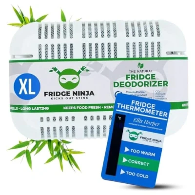 Afbeelding van koelkast Deodoriser Gaat 12 maanden mee Pack van 1 natuurlijke XL houtskool koelkastverfrisser inclusief koelkastthermometer ongeparfumeerde geurverwijderaar, ook voor lunchtassen en