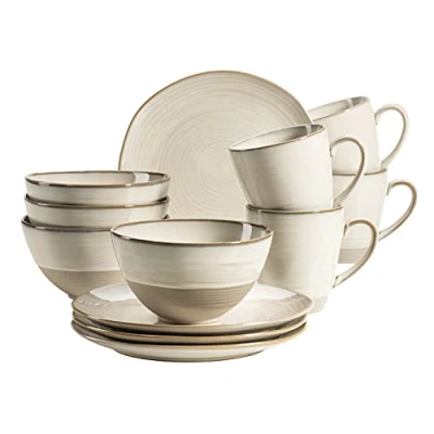 Afbeelding van MÄSER 931818 serie Nottingham Vintage serviesset voor 4 personen, 12 delig ontbijtservies met onregelmatige ronde vormen in retro look, aardewerk, beige