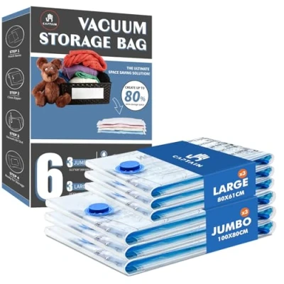 Afbeelding van Vacuümzakken voor kleding, dekbedden, 6 stuks, vacuümzakken, 2 mats (3 x 100 80 cm + 3 60 cm), vacuüm kledingzakken, opbergzakken, irritant beddengoed, kussens, kleding
