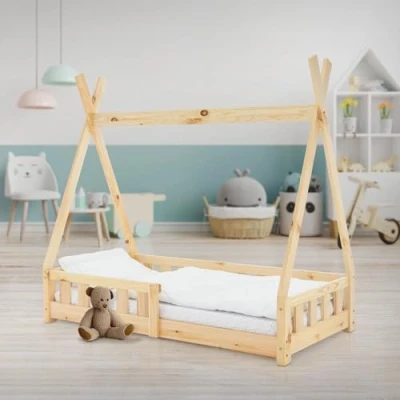 Afbeelding van ML Design kinderbed tipi met uitvalbeveiliging en lattenbodem, 70x140 cm, huisbed naturel, massief grenen hout