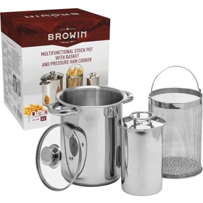 Afbeelding van BROWIN® Roestvrij set hamkoker 313515 + aspergepan hampitpers en pastaborf met zeefinzet hamvorm voor gezond zelfgemaakt vlees 1,5 kg