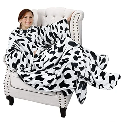 Afbeelding van Koe print draagbare snuggle deken met mouwen en voetzak, warm cadeau voor Sofa Lovers, zachte fleece dekens familie, gezellige de winter,190 x 135 cm