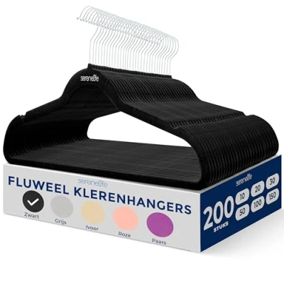 Afbeelding van SereneLife Kleerhangers, Fluwelen Hangers, Antislip Zware Duurzame Kledinghangers Set 200Stuks Duurzaam met 360 Draaihaak