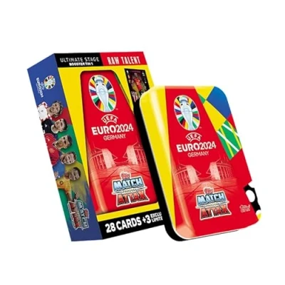 Afbeelding van Topps Officiële EURO 2024 Match Attax Booster Tin Raw Talent bevat 28 kaarten plus 3 exclusieve Limited Edition kaarten!