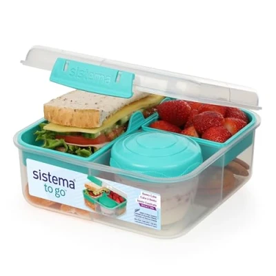 Afbeelding van Sistema Bento Box To Go Lunchbox met yoghurt/fruitpot, 1,25 liter, vierkant, BPA vrij, mintig, groenblauw