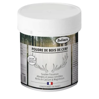 Afbeelding van Bubimex Hertengeweipoeder 100% natuurlijk voedingssupplement voor honden en katten rijk aan calcium magnesium botten nierfunctie 400 g