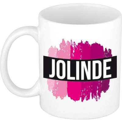 Afbeelding van Jolinde Naam / voornaam kado beker mok roze verfstrepen Gepersonaliseerde met mokken