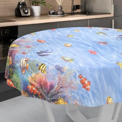 Afbeelding van Wasdoek tafelkleed, afwasbaar tafelzeil, tuintafelkleed voor binnen en buiten, rond, 140 cm, snijrand, aquarium