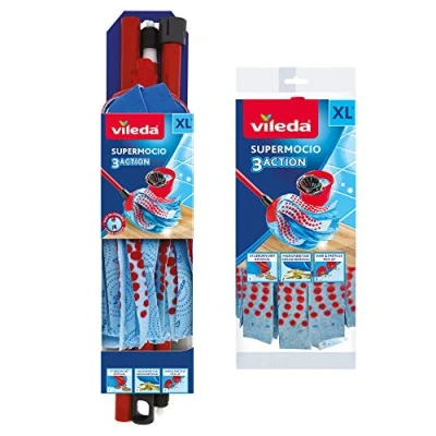 Afbeelding van Vileda SuperMocio 3Action XL compacte vloerdweil met extra kopvervanging, dweil voor het reinigen van vloeren, 1 x en 1x navulling, 12 11 48 cm, rood/blauw