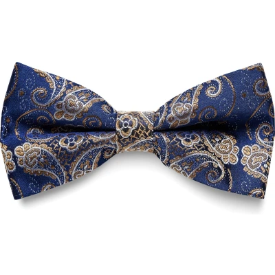 Afbeelding van Zijden voorgestrikte vlinderdas met blauw en goud paisleymotief