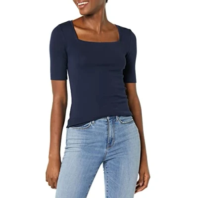 Afbeelding van Amazon Essentials Women&#039;s T shirt met halve mouwen, vierkante hals en slanke pasvorm, Marineblauw, M