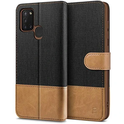 Afbeelding van BEZ Samsung A21s Hoesje, Galaxy Hoesje Book Case Leer Wallet, Flip Wallet [Canvas Kunstleer] met Creditcardhouders, Standaard, Magnetische Sluiting, Zwart