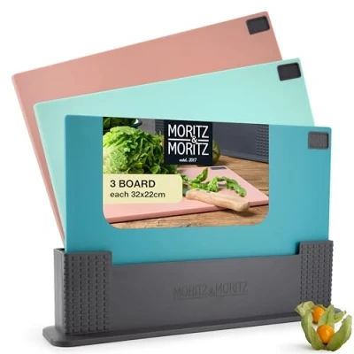 Afbeelding van Moritz &amp; Set van 3 kunststof snijplanken, 32 x 22 cm, in praktische standaard, grote keukenplank, vaatwasmachinebestendig en hygiënisch