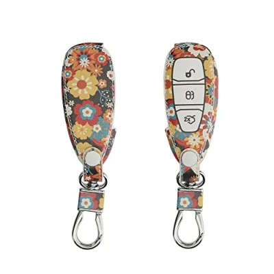 Afbeelding van kwmobile Autosleutel hoesje geschikt voor Ford 3 knops Keyless Go behuizing Case in oranje / rood wit Vintage bloemenmotief design