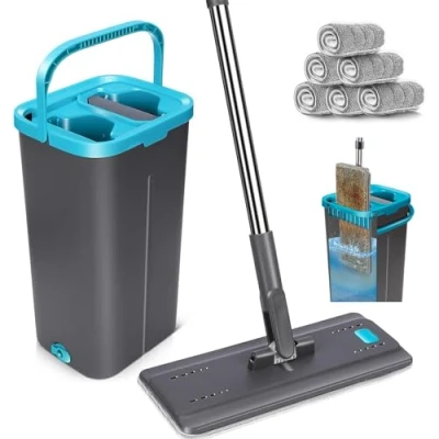 Afbeelding van MASTERTOP Platte microvezel dweil 149 cm en uitwringvak, schone handen, draaibare mop emmer met zelfwassysteem, 6 herbruikbare sponzen handgrepen van roestvrij staal, extra lang