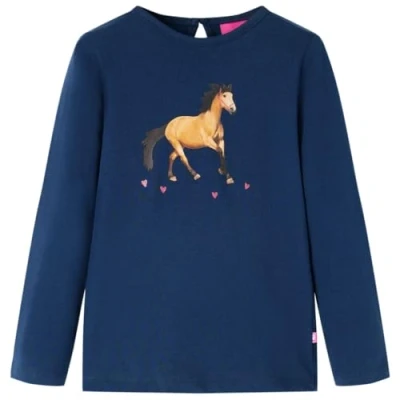 Afbeelding van Kindershirt met lange mouwen paardenprint 116 marineblauw