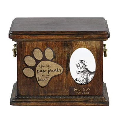 Afbeelding van Art Dog Custom Cat Memorial Urn Handgemaakte houten kist voor as met keramische plaat Kattencrematiedoos details naar keuze 8,3x11,4x8,7 Oosterse Kat