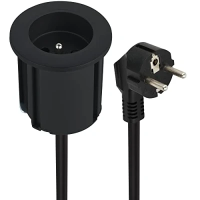 Afbeelding van Electraline 35457 Compacte inbouwstekkerdoos met 1 stopcontact 16 A voor bureau/tafel, 54 mm diameter of 60 standaard adapter (meegeleverd), eenvoudig te installeren, verlenging 2 m
