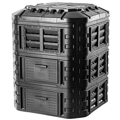 Afbeelding van KADAX Module composteersysteem, snelcomposter van kunststof, compostbak met drukknopen, zwarte thermocomposter inklapbaar deksel (860L)