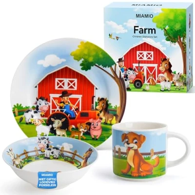 Afbeelding van MIAMIO Kinderboerderij serviesset 3 delig, keramiek, inclusief bord, kom en beker..