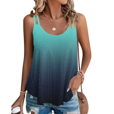 Afbeelding van WNEEDU Dames tanktop zomer spaghetti cami bovenstuk mouwloos ronde hals blouses top shirts, Kleurverloop blauw, M