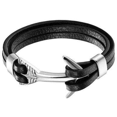 Afbeelding van Leren Anker armband Mannen Mendes Edelstaal Zilverkleurig Zwart