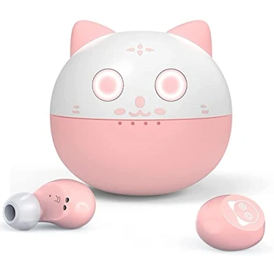 Afbeelding van AMAFACE In ear hoofdtelefoon Bluetooth roze, draadloos met microfoon, lichtgewicht, touch bediening, 3D surround stereo, 36 uur speeltijd, draagbare mini oplaadkoffer, kat