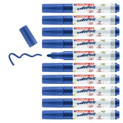 Afbeelding van edding 14 FUNTASTICS 10 kleurstiften voor kinderen blauw ronde punt 3 mm kleurplezier op lichtgekleurd papier en karton uitwasbaar van huid textiel