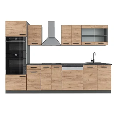 Afbeelding van Vicco Complete keukeneenheid R Line, Eik goud/antraciet/Antraciet, 300 cm met hoge kast, zonder werkblad