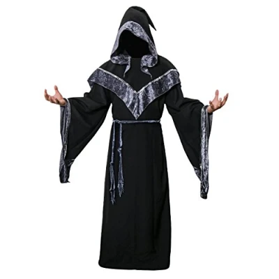 Afbeelding van Nofonda Donkere tovenaarsmantel voor heren, middeleeuwse monnikengewaad, donker mystieke peetvader, tovenaar, kostuum met capuchon, cape, mantel, Halloween, cosplay (XX Large)