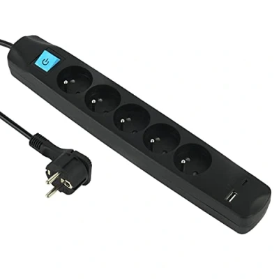 Afbeelding van Electraline 35615 Stekkerdoos, 5 Franse stopcontacten + 2 USB 3,4 A, 17 W, A 1 type C, met aan/uit schakelaar, extra platte stekker 90 graden, 16 kabel 1,5 m, zwart