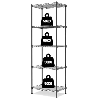 Afbeelding van WORKPRO Keukenplank met 5 Niveaus, Metalen Badkamerrek, in Hoogte Verstelbare Roosterplank, Belastbaar tot 250 kg, 44x29x130 cm, PP Platen, 4 S haken, voor Badkamer, Woonkamer, Keuken
