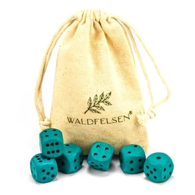 Afbeelding van Waldfelsen 6, 12, 20, 30 of 50 hoogwaardige houten kubussen van echt beukenhout, 16 mm standaard dobbelstenen met stoffen zak, kubusset (turquoise, 6 stuks)