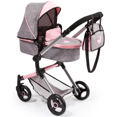 Afbeelding van bayer Design Neo Vario combinatie poppenwagen grijs/roze, met vlinder