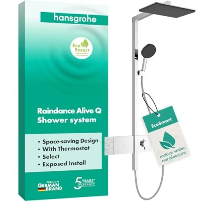 Afbeelding van hansgrohe Raindance Alive Q waterbesparend Douchesysteem (EcoSmart) met thermostaat, regendouche (340 x 210 mm) douchekraan, handdouche, doucheslang, glijstang en douchekop, chroom, 24591000