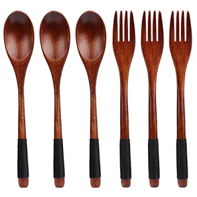 Afbeelding van TsunNee Natuurlijke houten lepel, vorkset, lange handgreep, Japanse stijl, bestekset, voor camping, buiten, keuken, koken, diner, servies, 6 stuks