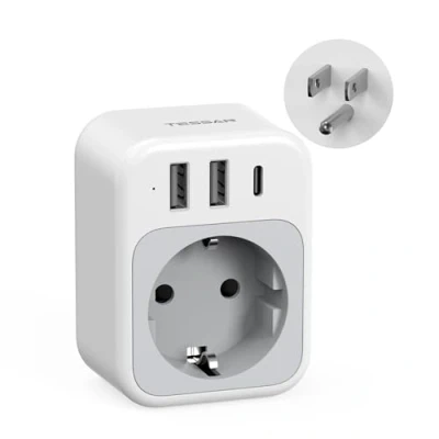 Afbeelding van TESSAN USA adapter socket, 4 in 1 reisadapter met USB C en 2 A, Duitsland stekker, stopcontactadapter USA, reisstekker type B voor Thailand Canada Mexico