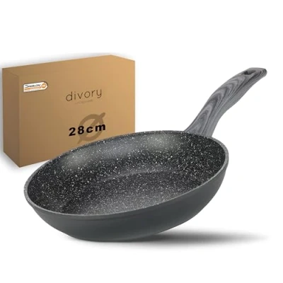 Afbeelding van Koekenpan 28cm Inductie Grote universele pan met antiaanbaklaag voor alle soorten fornuizen Veilige handgrepen, vaatwasmachinebestendig (Donkere houtlook, 28cm)