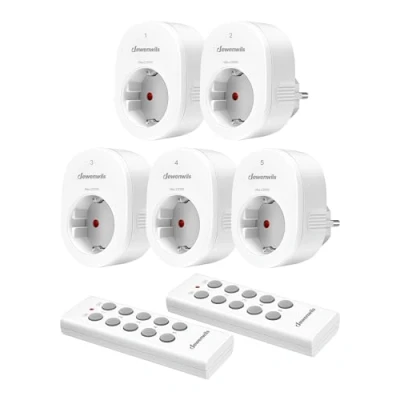 Afbeelding van DEWENWILS Draadloos stopcontact met afstandsbediening, plug in aan/uit draadloze wandschakelaar, geen kabel nodig, 2300 W, uitbreidbare lichtschakelaar voor feestdagdecoratie, 30 m bereik, wit