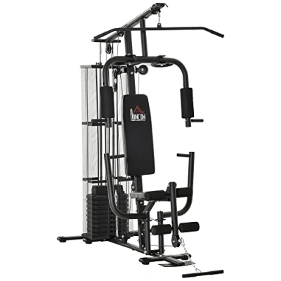 Afbeelding van HOMCOM Gym krachtstation fitnessstation multigym fitnesscentrum fitnessapparaat incl. gewichten pull down leg curl metaal PU kunstleer zwart 150 x 110 210 cm
