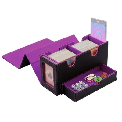 Afbeelding van Tolesum Dubbellaagse kaartbox voor MTG, Gathering kaartenbox met etalage en kubusvak, PU leer, sterke magnetische verzamelkaartenbox, compatibel Magic Commander TCG kaarten, zwart paars