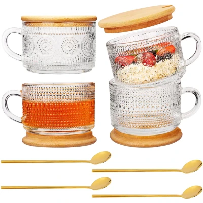 Afbeelding van Belle Vous 4 Pak Doorzichtig Glazen Koffiemokken met Bamboe Deksels &amp; Lepels 450 ml Kopjes Handvatten voor Koffie, Latte Cappuccino, Thee, Overnight Oats Meer Mok Geschenk Set
