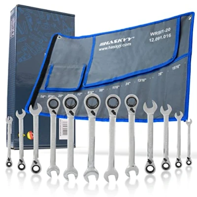 Afbeelding van HASKYY 12 delige gehoekte Inch ratelsleutelset I 1/4&quot; 15/16&quot; Imperial Harley mond vork sleutel ratelsleutel