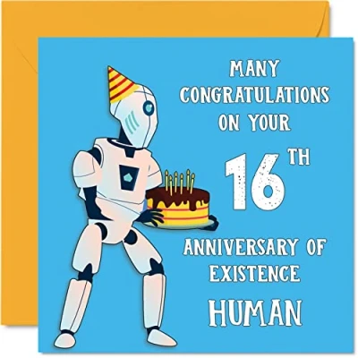 Afbeelding van Grappige 16e verjaardagskaarten voor jongens en meisjes Robot Droid Gelukkige verjaardagskaart zoon dochter broer zus kleinzoon kleindochter nichtje neef neef, 145 mm x grap humor