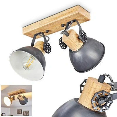Afbeelding van plafondlamp Orny, van metaal/hout in grijs/wit/bruin, 2 vlammen, met verstelbare spots, x E27 fitting, retro/vintage designspot, zonder gloeilampen