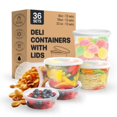 Afbeelding van [36 sets] Voedselopslagcontainers Deli Cups Combo Pack / 10 oz, 16 32 oz/BPA vrij/herbruikbaar en lekvrij/magnetron, vaatwasser vriezer veilig/ronde doorzichtige afhaalcontainer