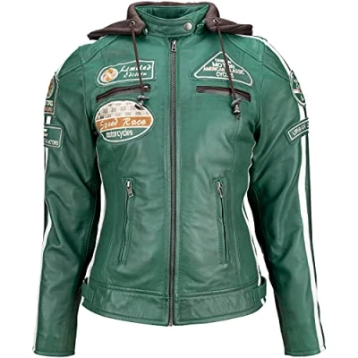 Afbeelding van Urban 5884® 66 Dames jas Biker jack Lams leren Afneembare Hoodie Craft Grijs Maat 3XL