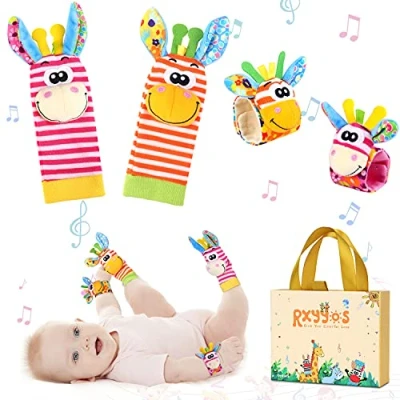 Afbeelding van RXYYOS 4 stuks baby pols en sokken rammelaar speelgoed set riem rammelaars voet finder dier voetsokken met (stijl 2)