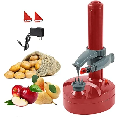 Afbeelding van elektrische dunschiller, appelschiller, groenteschiller, automatisch, ronde aardappelen, appels, uitgerust met 2 messen, gemakkelijk te reinigen (rood)