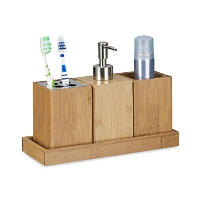 Afbeelding van Relaxdays badkamer accessoires 4 delige set bamboe zeeppomp beker